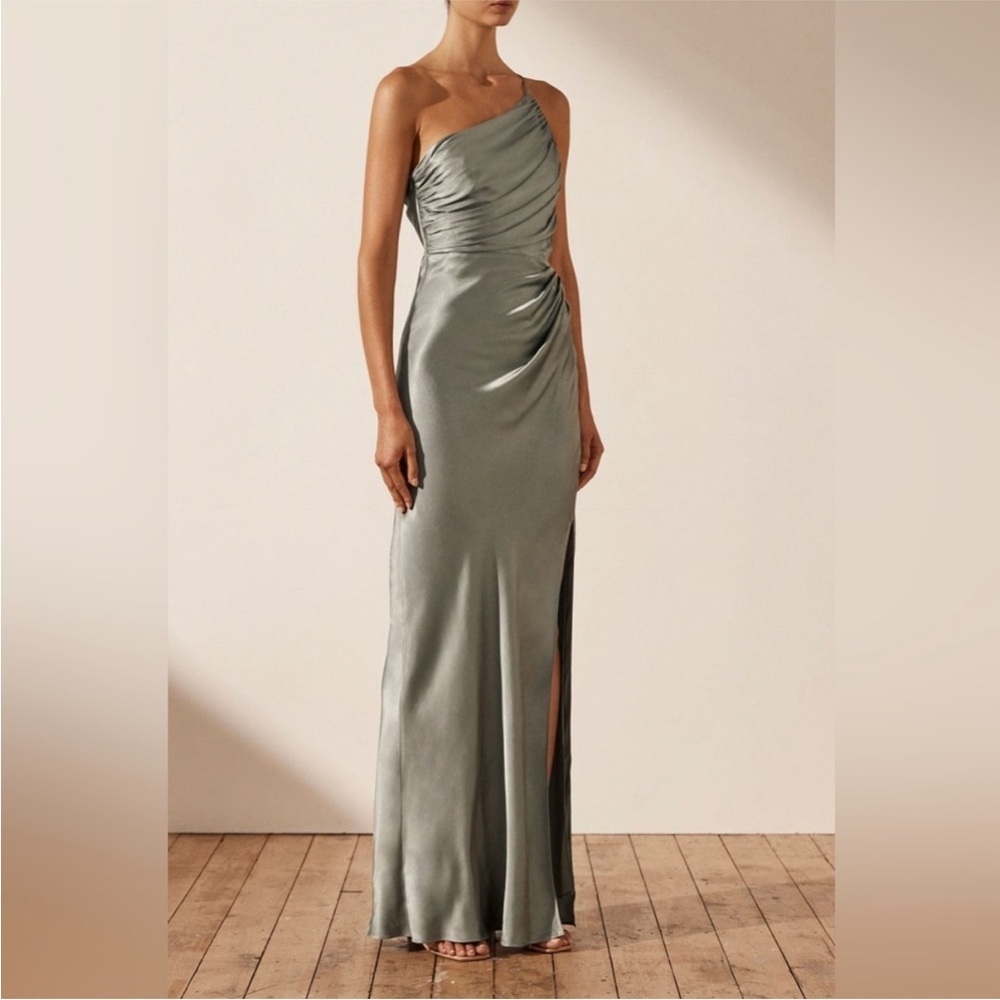 Shona Joy La Lune Asymmetrical Gathered Maxi Dress in Sage Sz 8